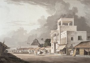カルカッタのチットポアロードのビュー、「東洋の風景」からのプレートII、1797年公開（色付きのアクアチント）
